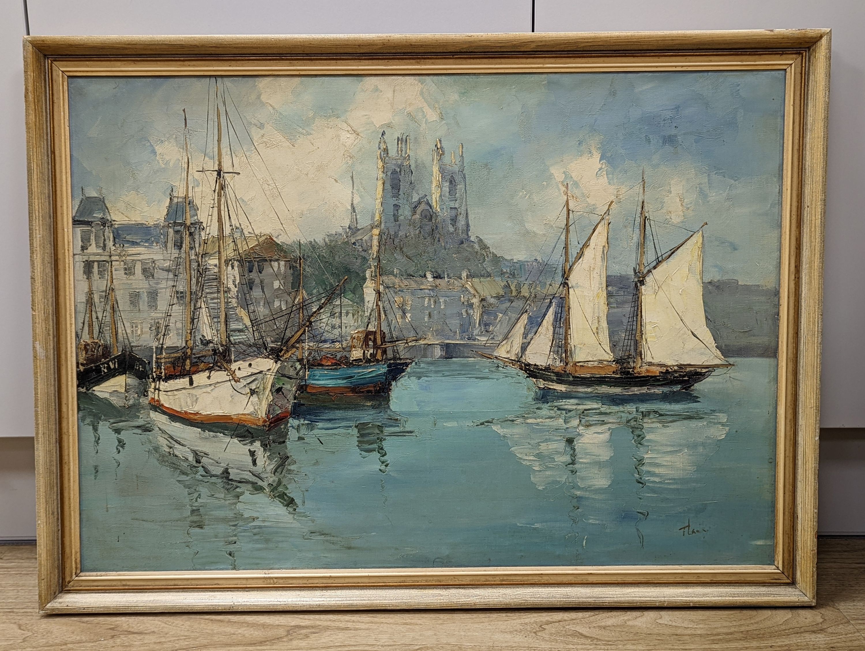 Bernhard Laarhoven (b.1912), oil on canvas, Shipping in harbour, signed, 50 x 70cm